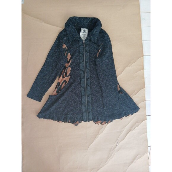 Fleur De Lis Sweaters - Fleur De Lis Cardigan Sweater Size L Long Full Zip Ruffle Hem Gray Pockets